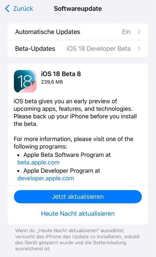 绥德苹果手机维修分享苹果 iOS / iPadOS 18 开发者预览版 Beta 8 发布 